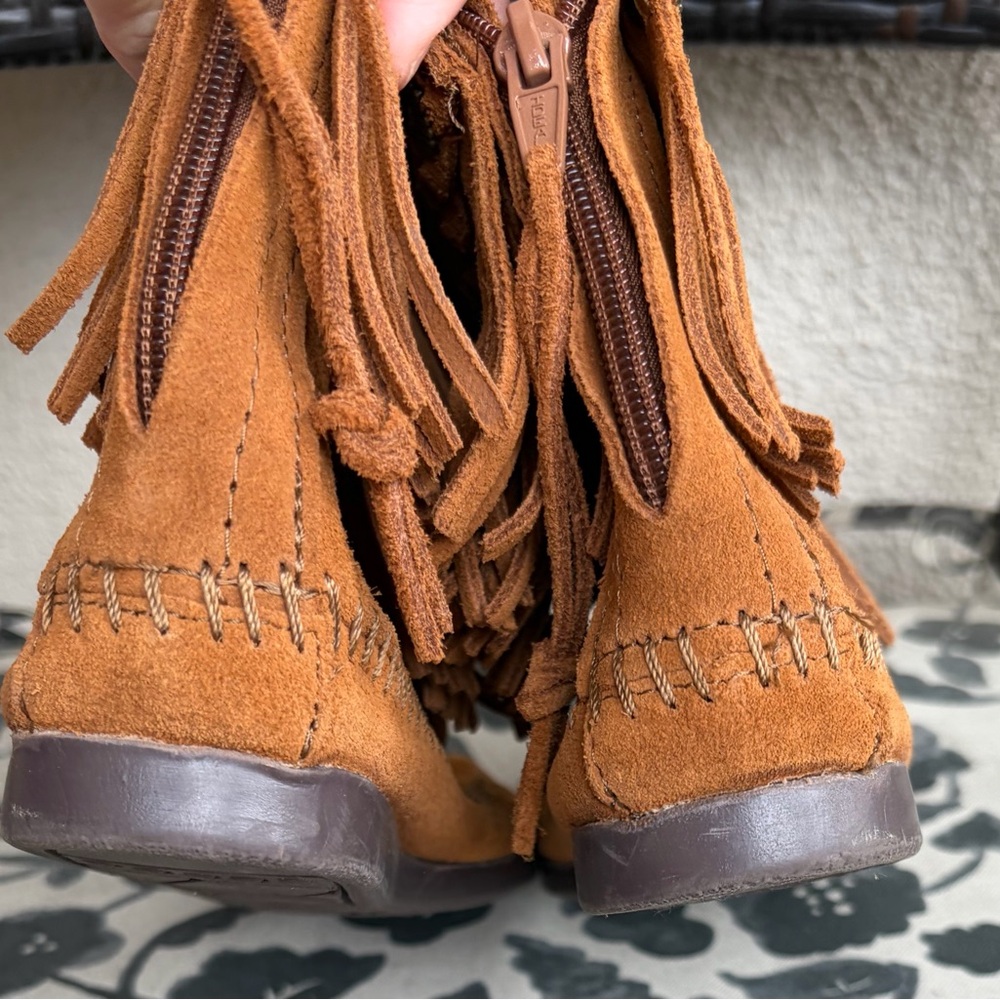 Minnetonka Brown Suede Fringe Bootie Moccasins - Picture 12 of 17